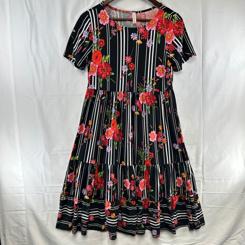 P & Rose Tiered Midi Dress Womens Small Black Floral Striped Short Sleeve